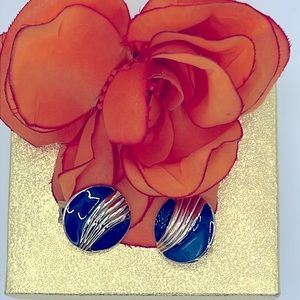 Vintage Gold and Blue Earrings, enameled, 1” inch round Metal NWOT